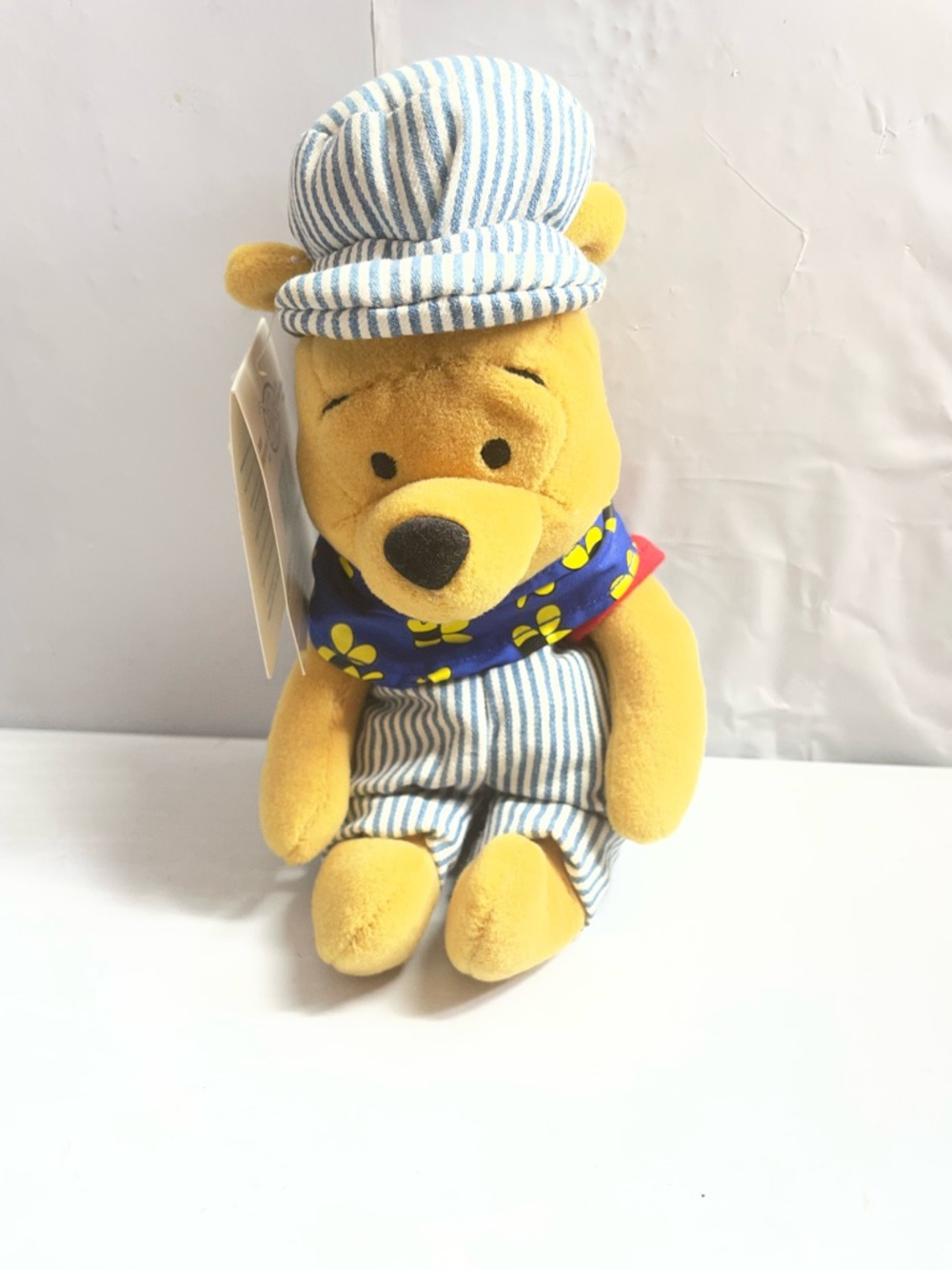 NWT Disney Yellow Choo Choo Winnie the Pooh Plush in Blue Striped Outfit 8 “